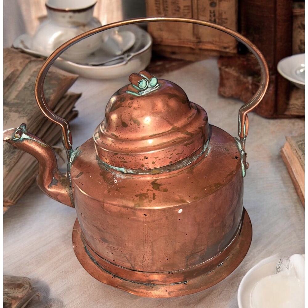 VINTAGE COPPER KETTLE WITH HANDLE TEAPOT Patina 9” FAST SHIPPING 1885-28